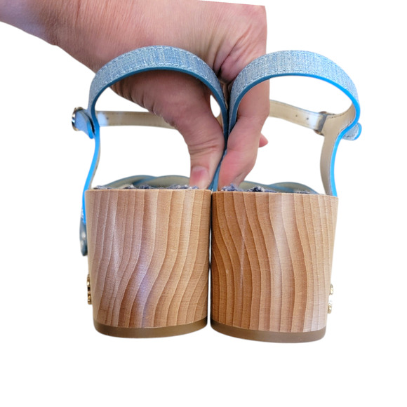 Chanel Denim Clogs CC Logo Sandals Blue Strappy Pearls Heel Shoes Day 7.5 38 - Picture 9 of 12